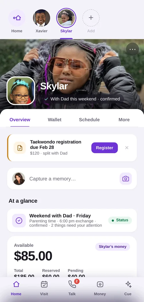 A child profile in Kidlytics — schedule, wallet, and records in one place.