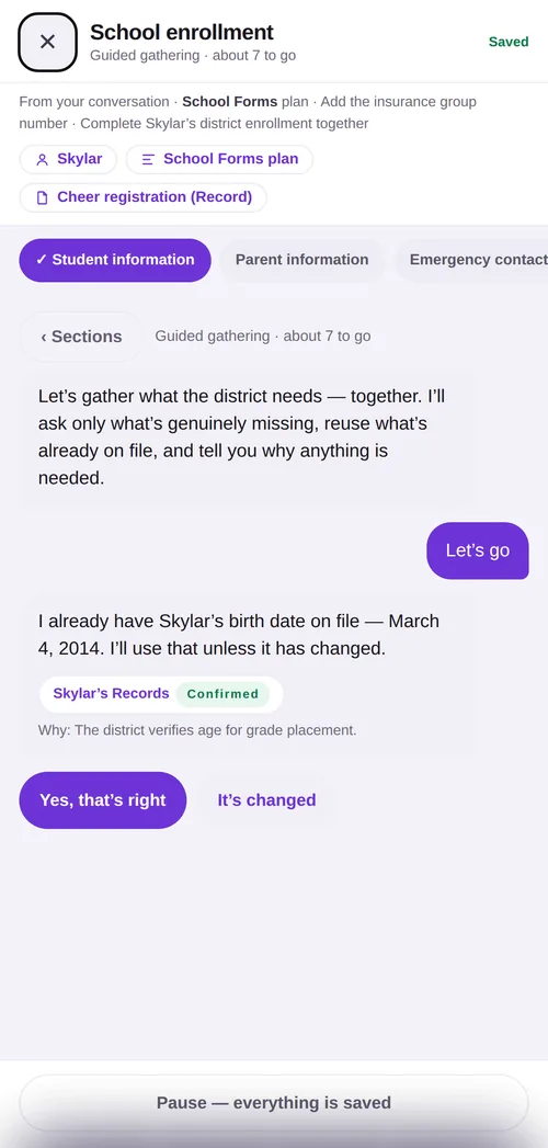 Cue gathering school enrollment details through a friendly conversation.