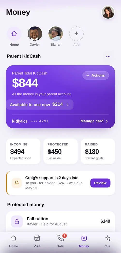 The Money screen with the KidCash balance and shared expenses.